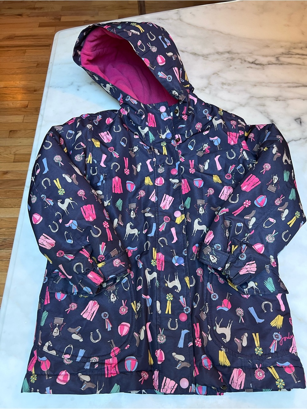 Joules Navy Kids' Hooded Puffer Jacket with Pink Lining & Equestrian Print